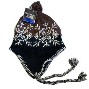 Brown and Black Snowflake Peruvian Hat with Ties